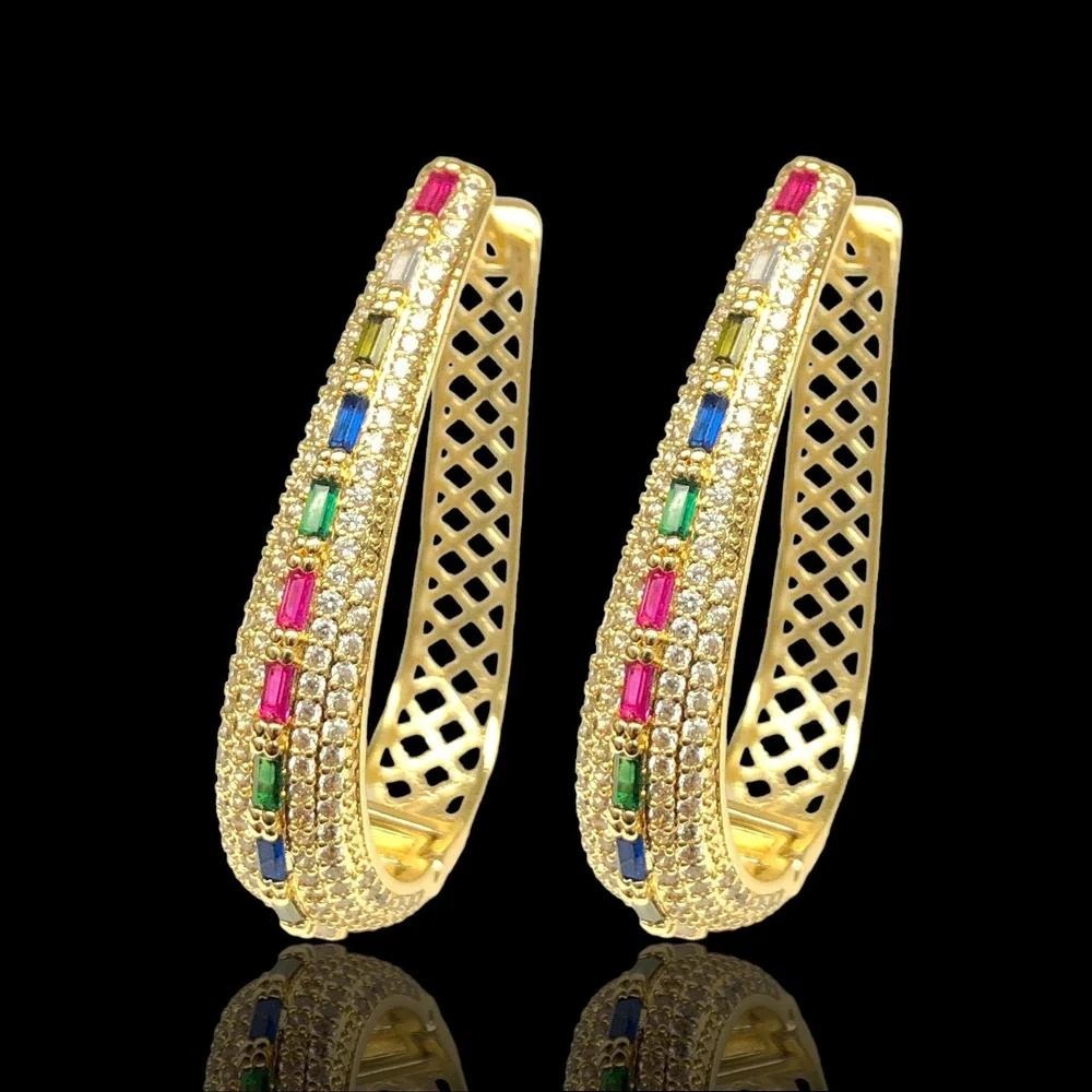 LAMINATED Gold Rainbow Baguette MultiColor CrystalHoop Earrings Teardrop 1"X1.5"